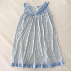 Vanity Fair 1X 46 Blue Nylon Nightgown Sheer Satin Trim Floral Vintage Sleepwear